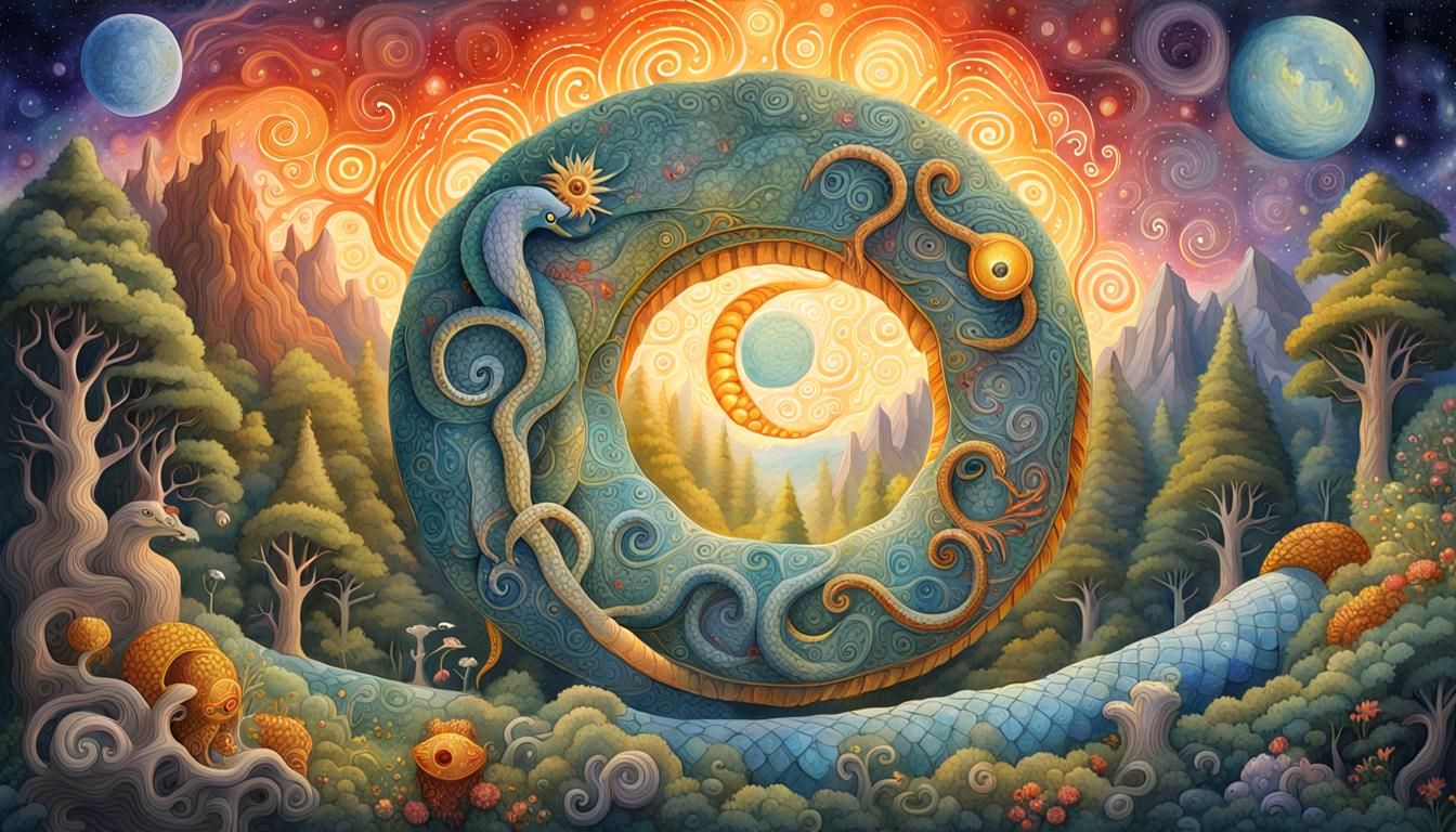 Cosmic Serpent Origin: Sun and Moon Watercolor Art