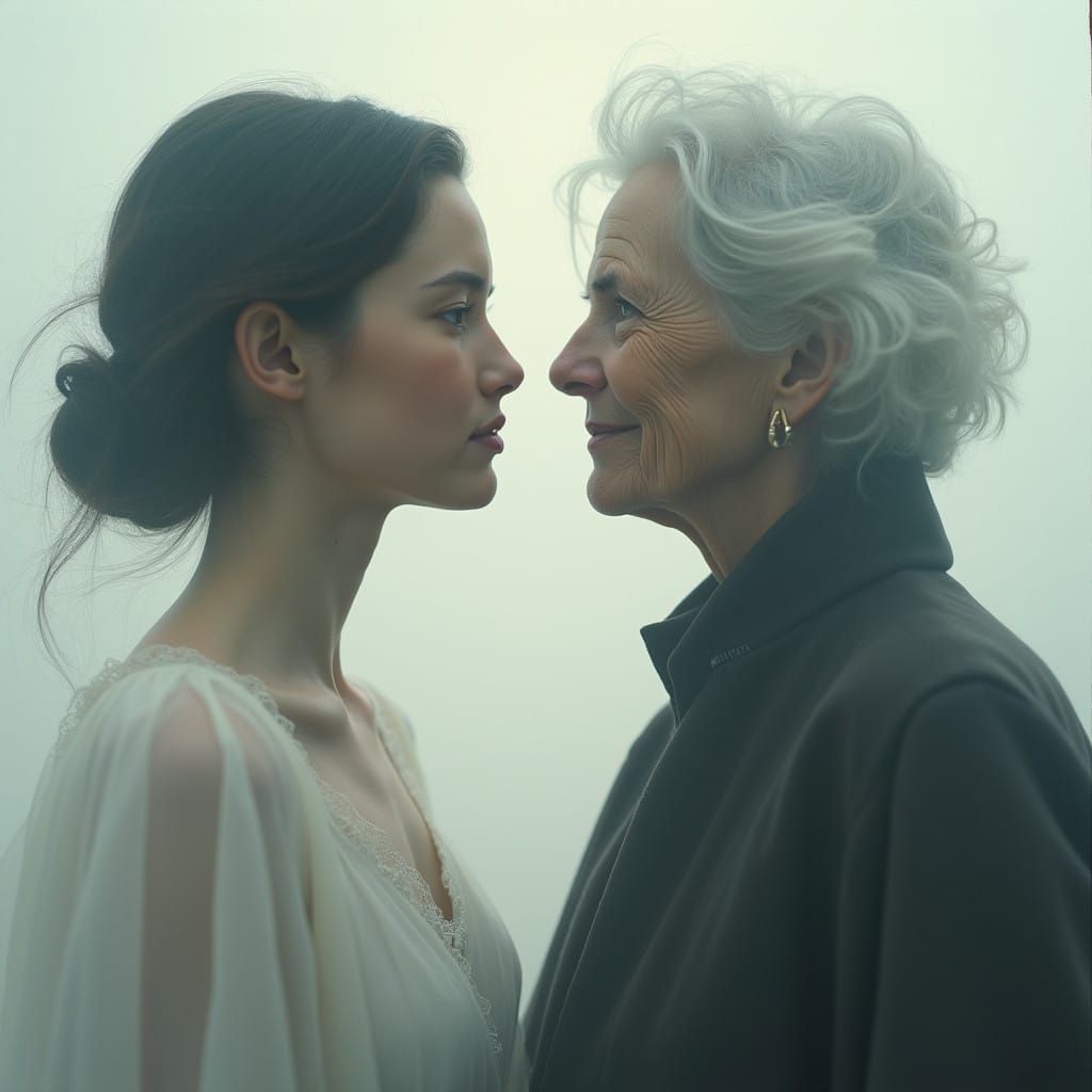 Ethereal Double Exposure of a Woman Confronting Her Future S...