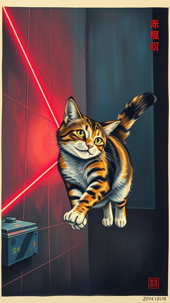 Cat Fascinated Chasing a Laser Light being projected on a wa...