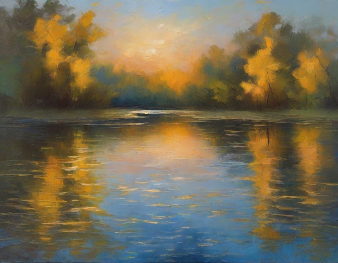 Impressionist Pond at Twilight in Oil Painting Style