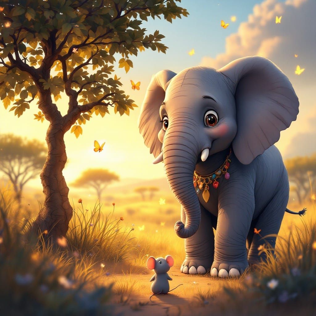 Elephant and Mouse in Pixar Style Savanna