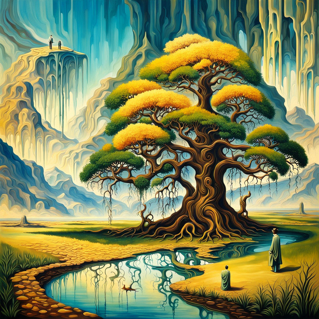 Surreal Earth-Toned Fantasy Landscape with Majestic Tree and...