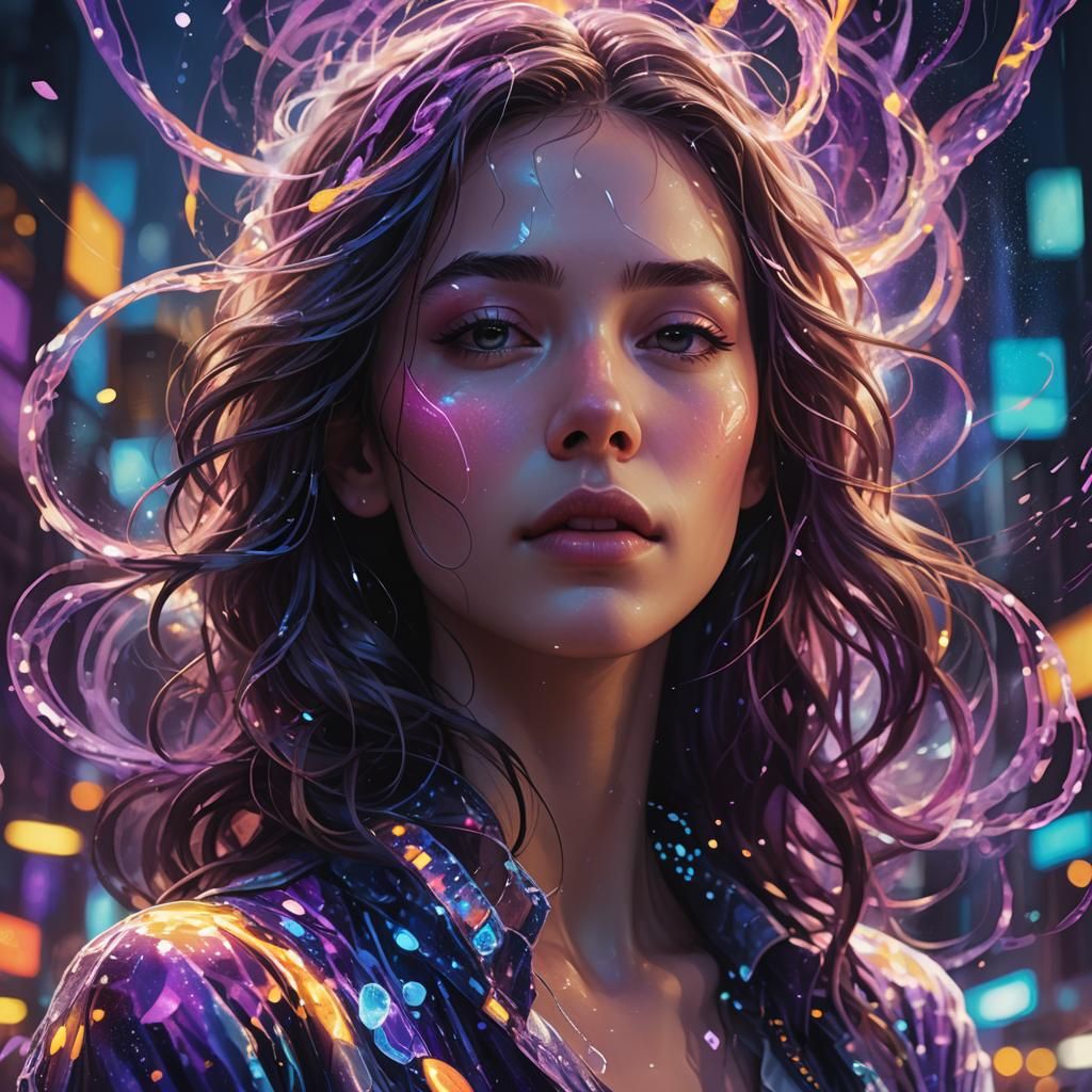 Ethereal Woman in Melting Cityscape Concept Art