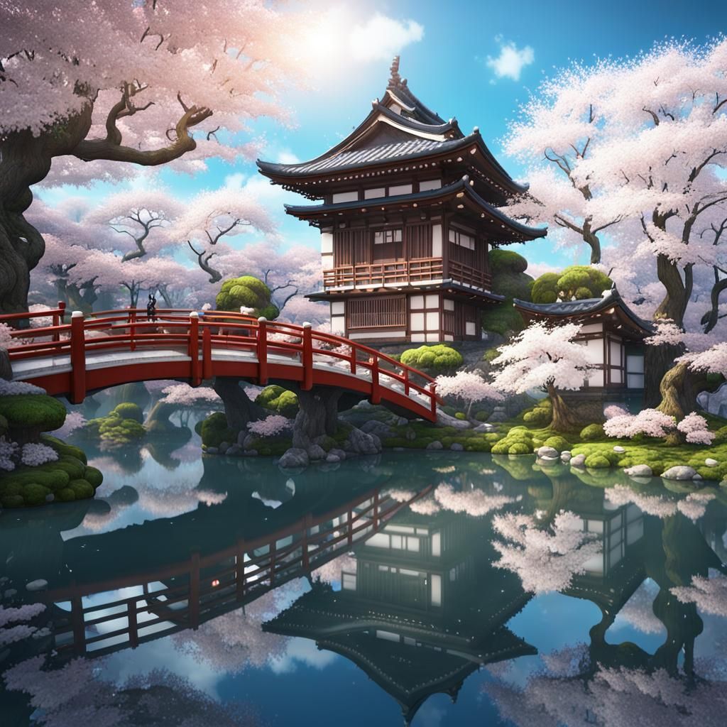 Beautiful Japanese Water Garden with Cherry Tree