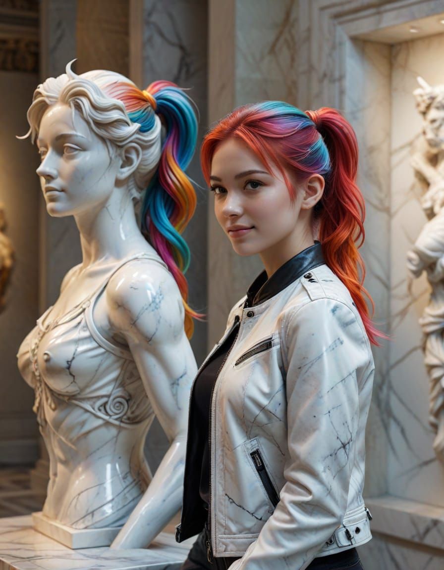 Girl Observes Marble Goddesses in Museum