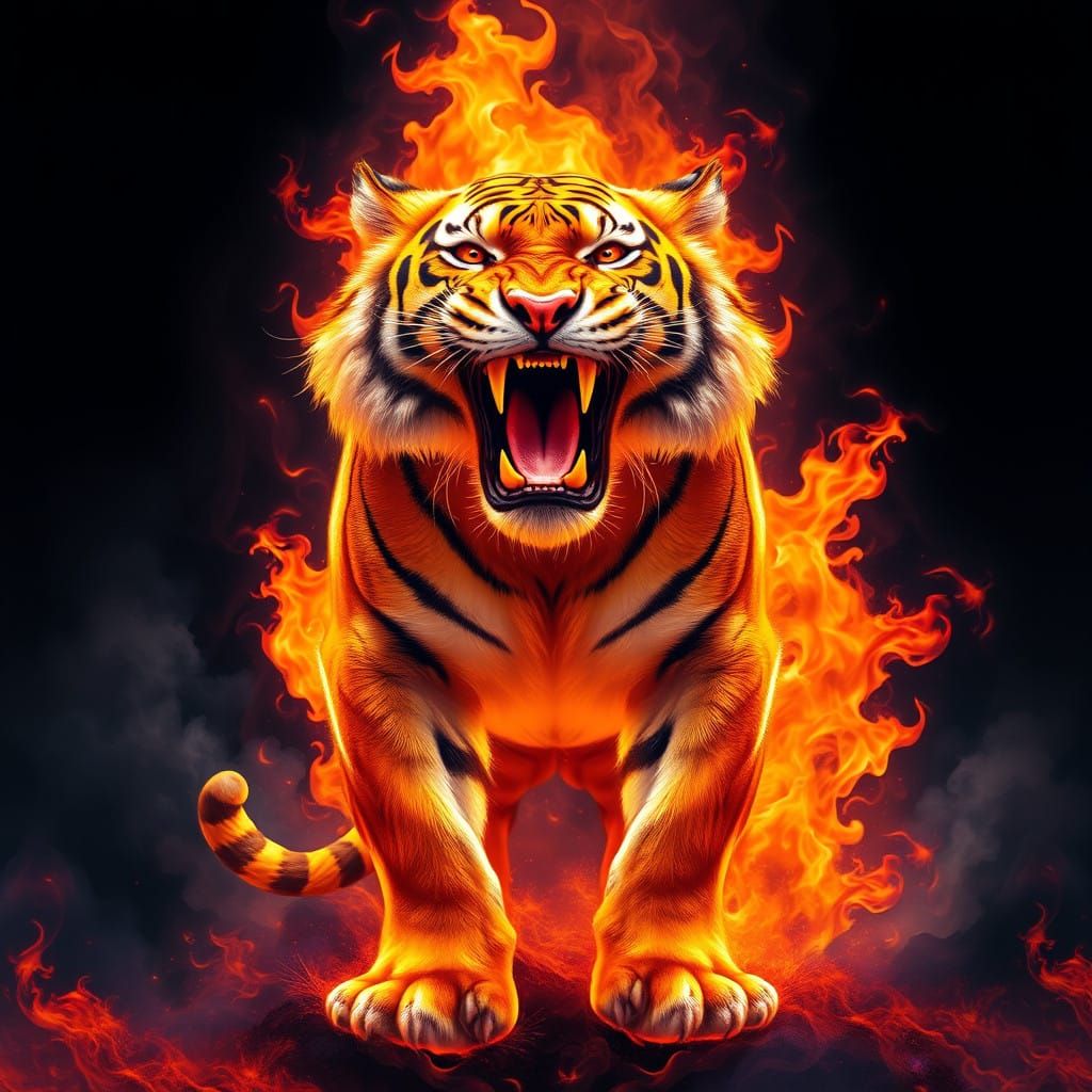 Majestic Tiger Ignites Inferno with Unwavering Roar in Neon-...