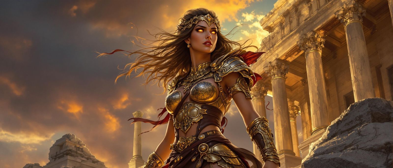 Warrior Queen on Temple Ruins at Dusk