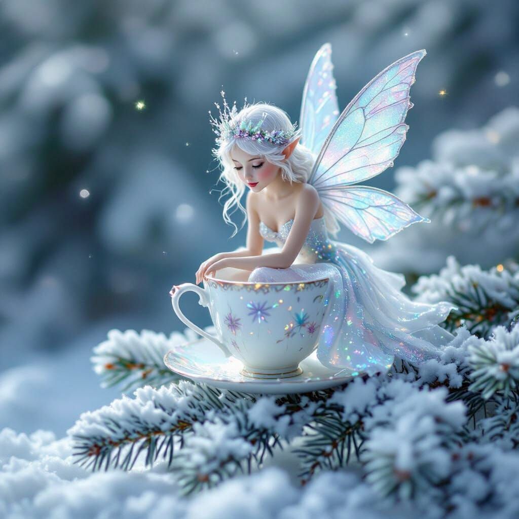 Delicate Winter Fairy on Frosted Pine Branch