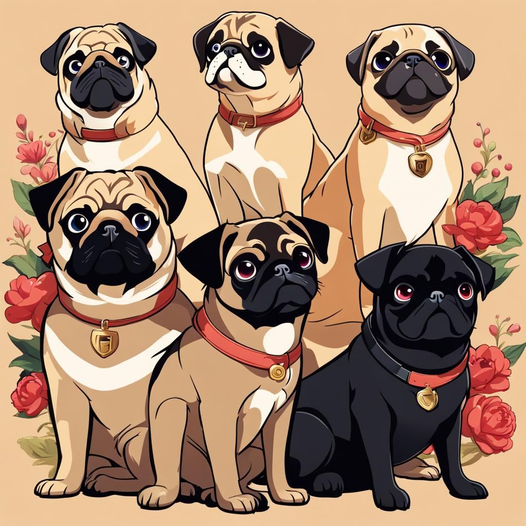 Three Pugs on a Base in Anime Style