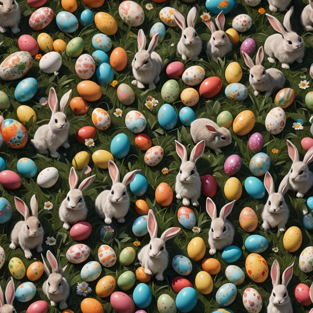 Easter Bunny Rabbits and Children Playing: Fantasy Art