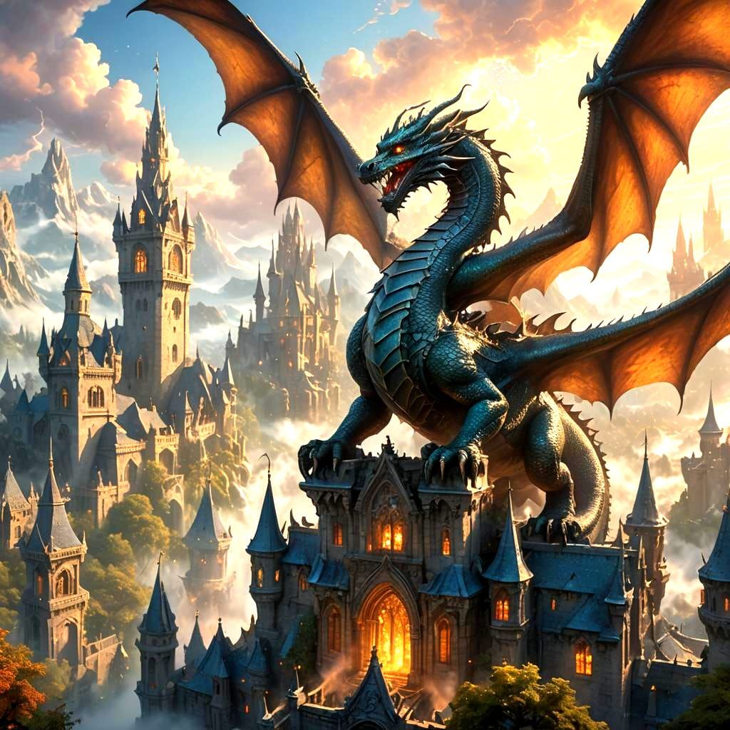 Dragon vs Warrior Battle in Ethereal Fantasy Style