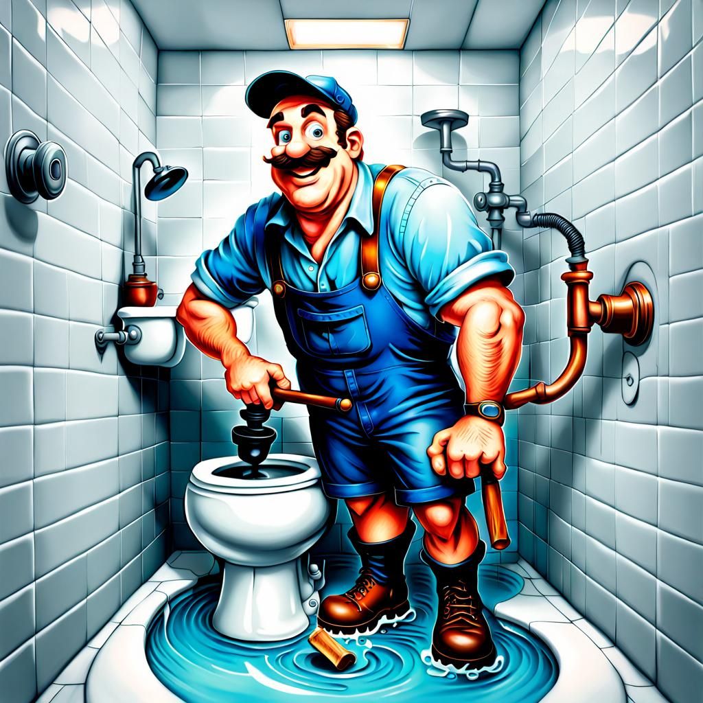 Whimsical Plumber Plunging Giant Toilet: Airbrush Art