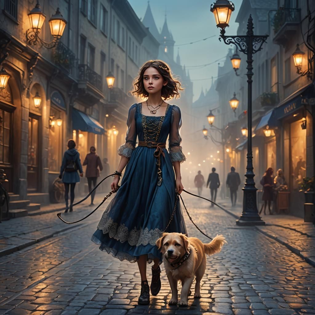 Girl with Dog on Misty Street: Fantasy Concept Art
