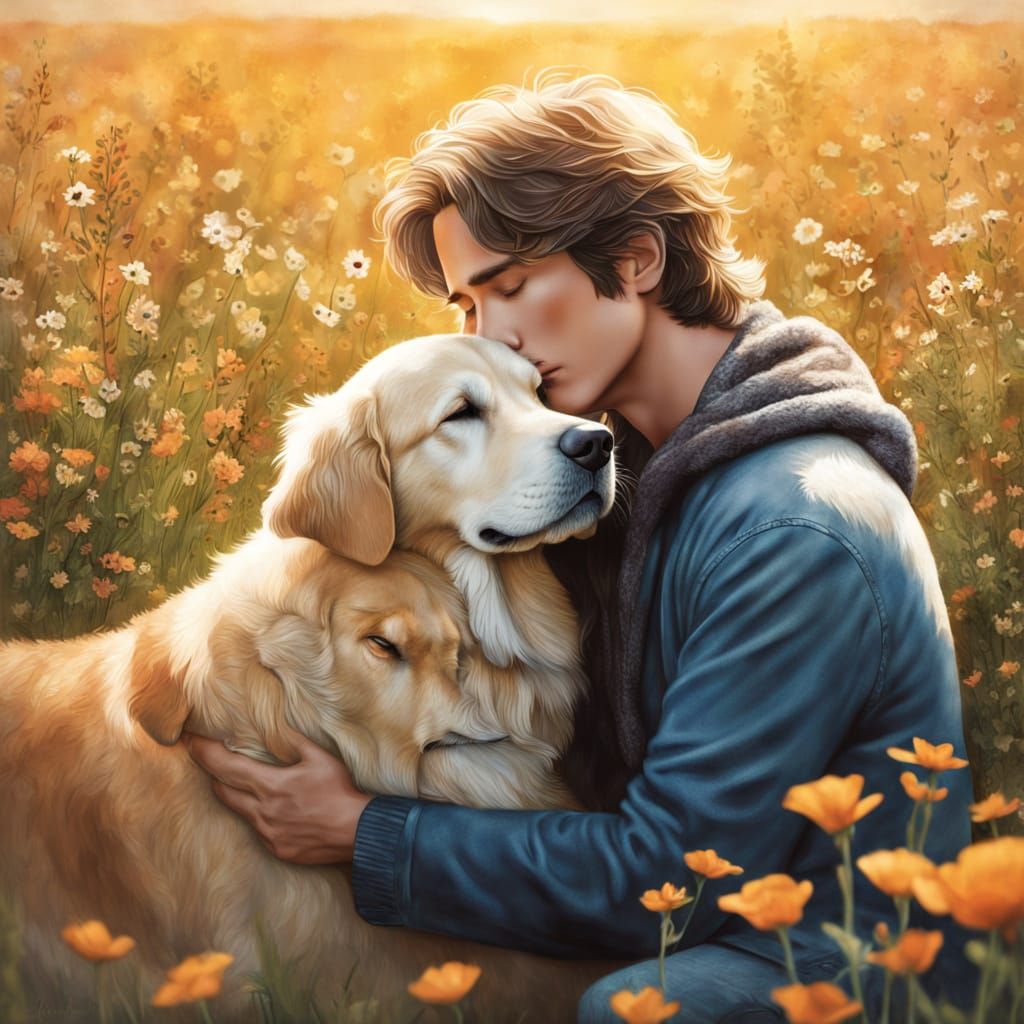 Boy and Golden Retriever in Wildflower Field