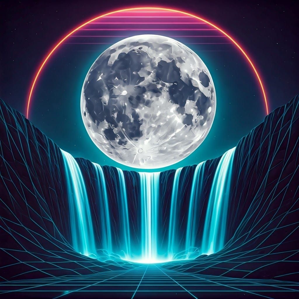 Synthwave Double Exposure of Moon and Waterfall
