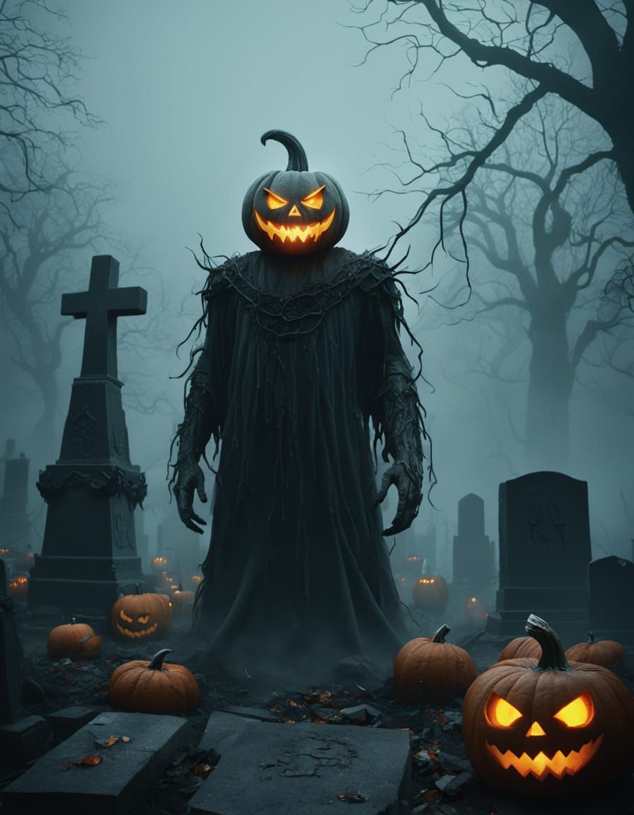 Monstrous Pumpkin Creature in Foggy Graveyard
