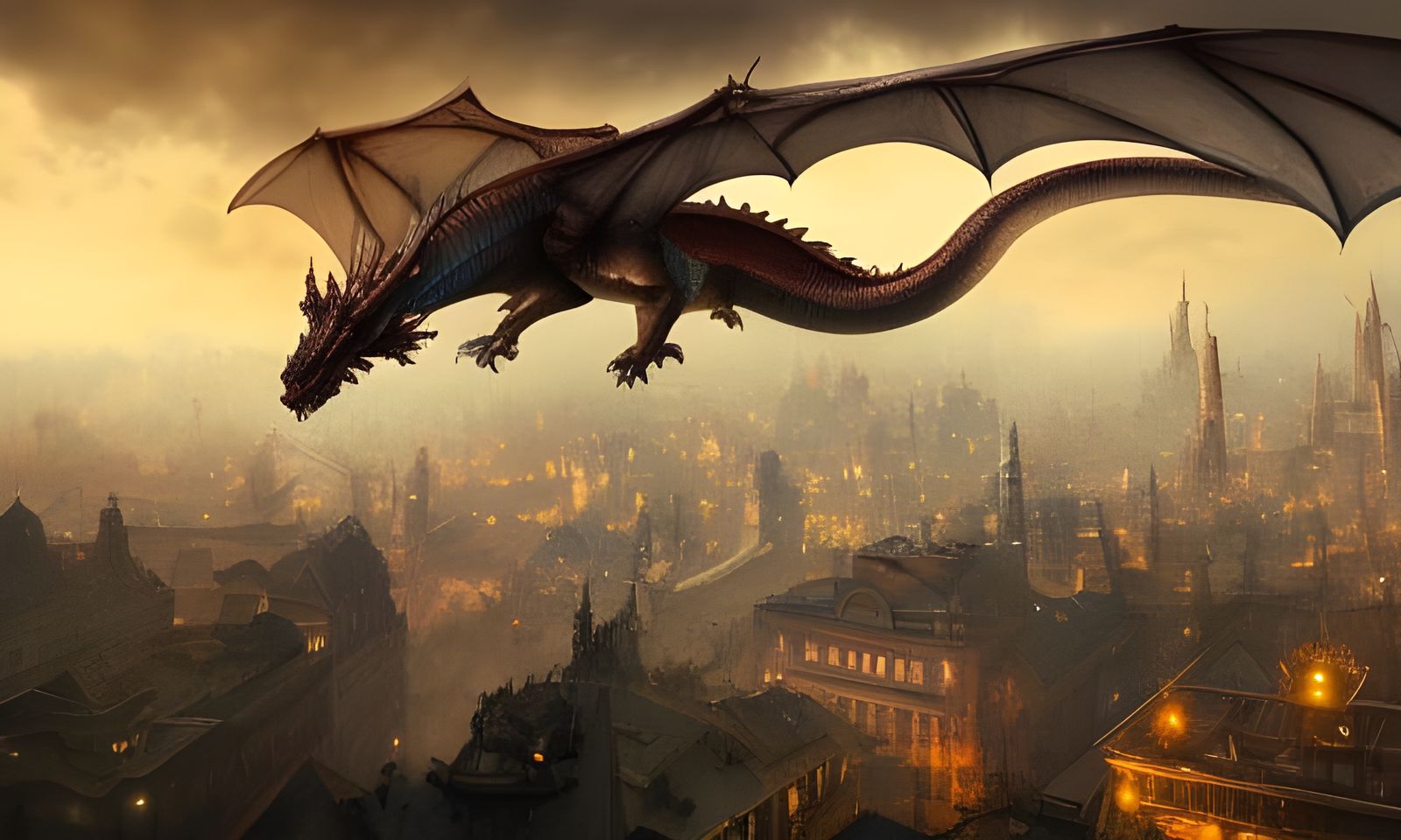 dragon flying over steampunk city