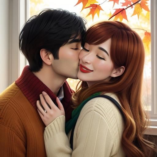Romantic Kiss in School, Cartoon Style