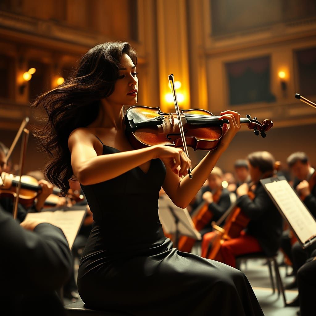 Mediterranean Siren Plays Violin in Grand Opera Setting