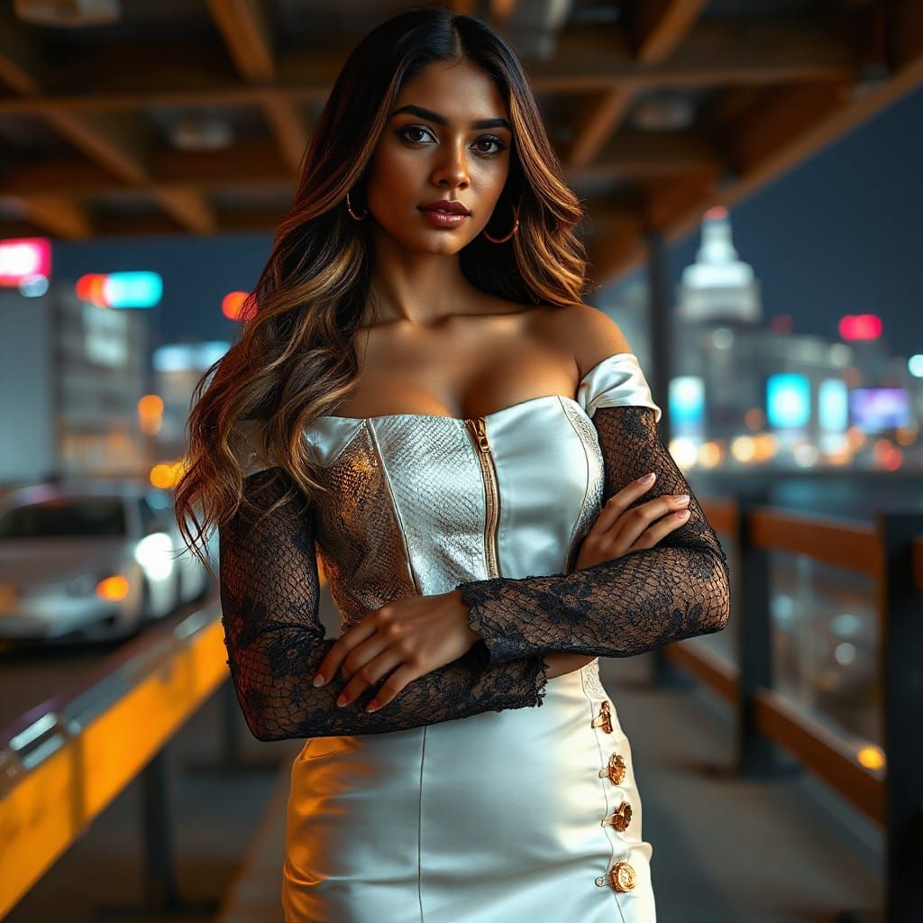 Cyberpunk Cityscape Portrait of Indian Woman in Lace Gown