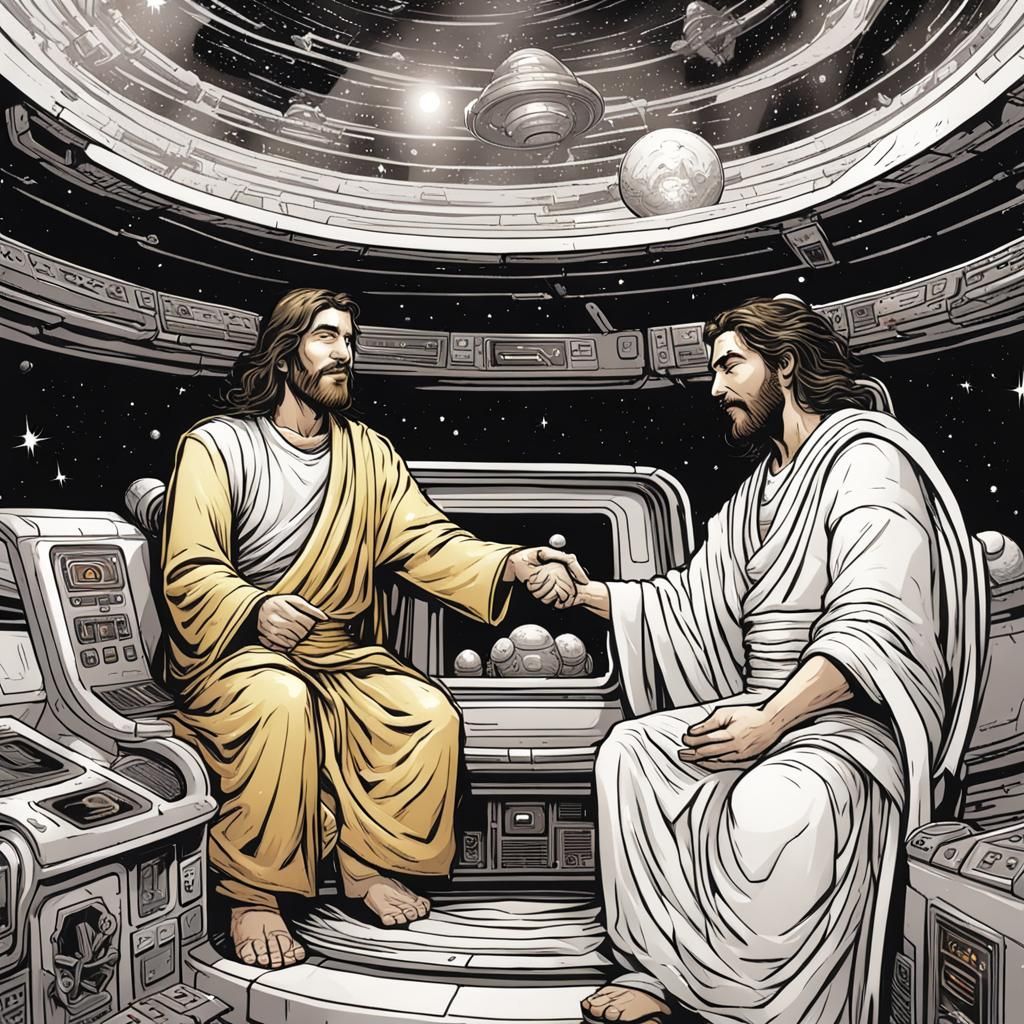 Jesus and Buddha Shake Hands in Spaceship, Comic Art