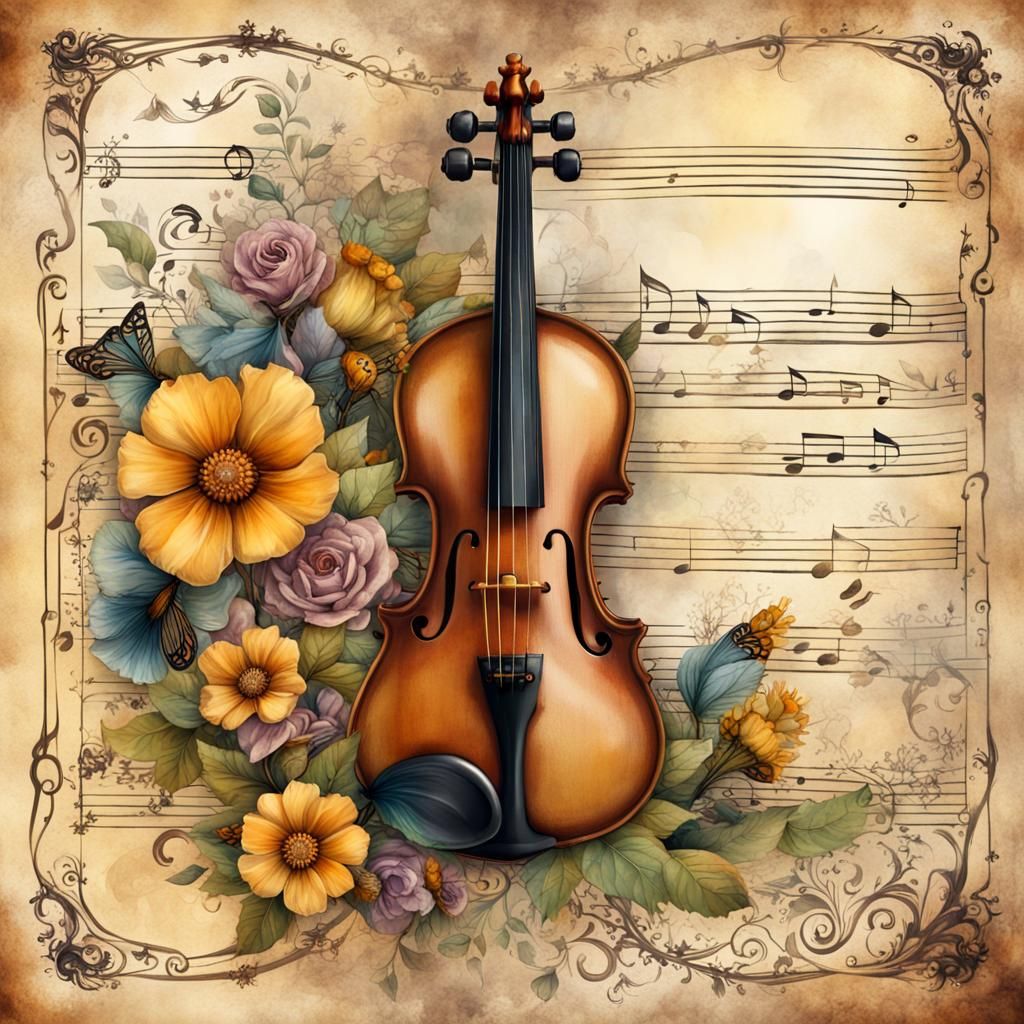 Notebook Page with Flowers, Bees and Steampunk Violin