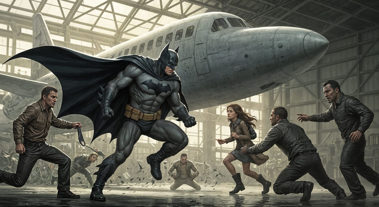 Batman Fights Thugs in Airplane Hangar Action Scene
