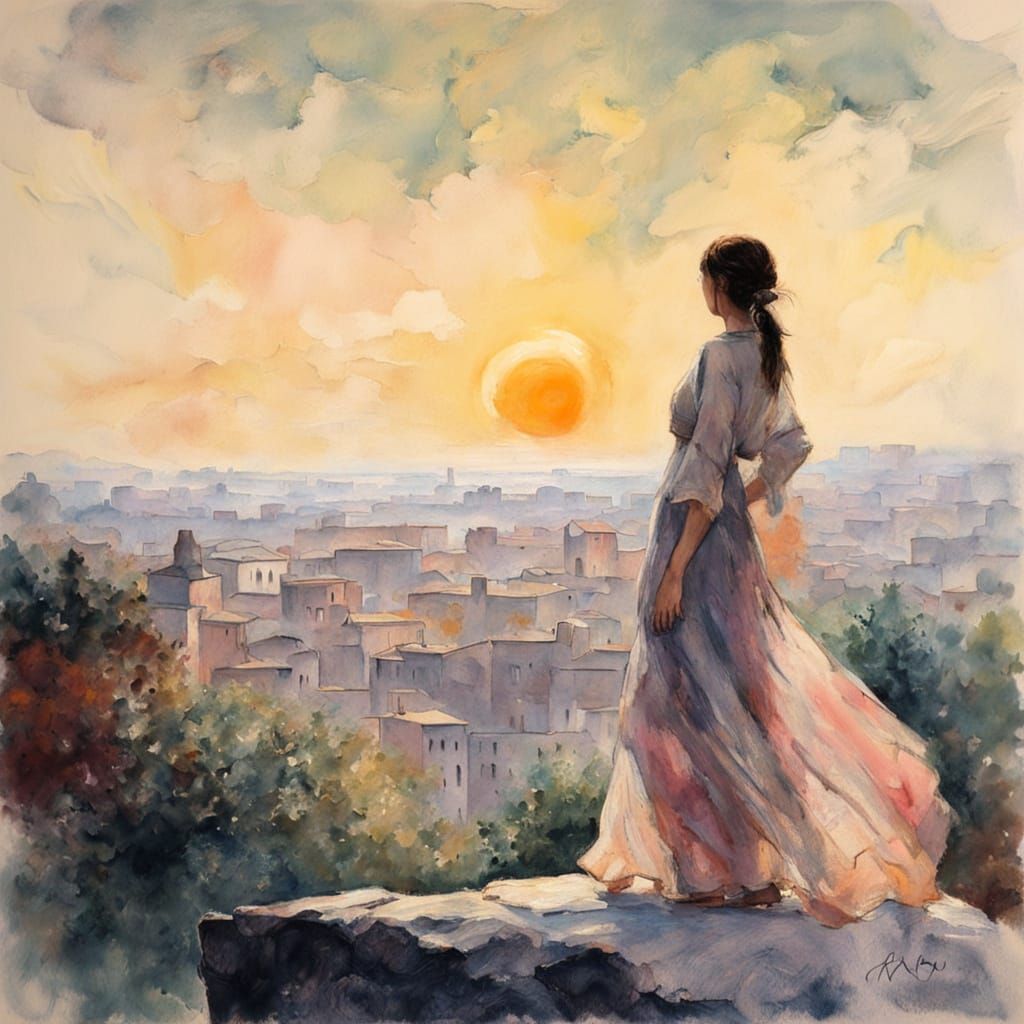 Woman Overlooking Ancient Rome at Dawn, Japanese Ink Wash St...