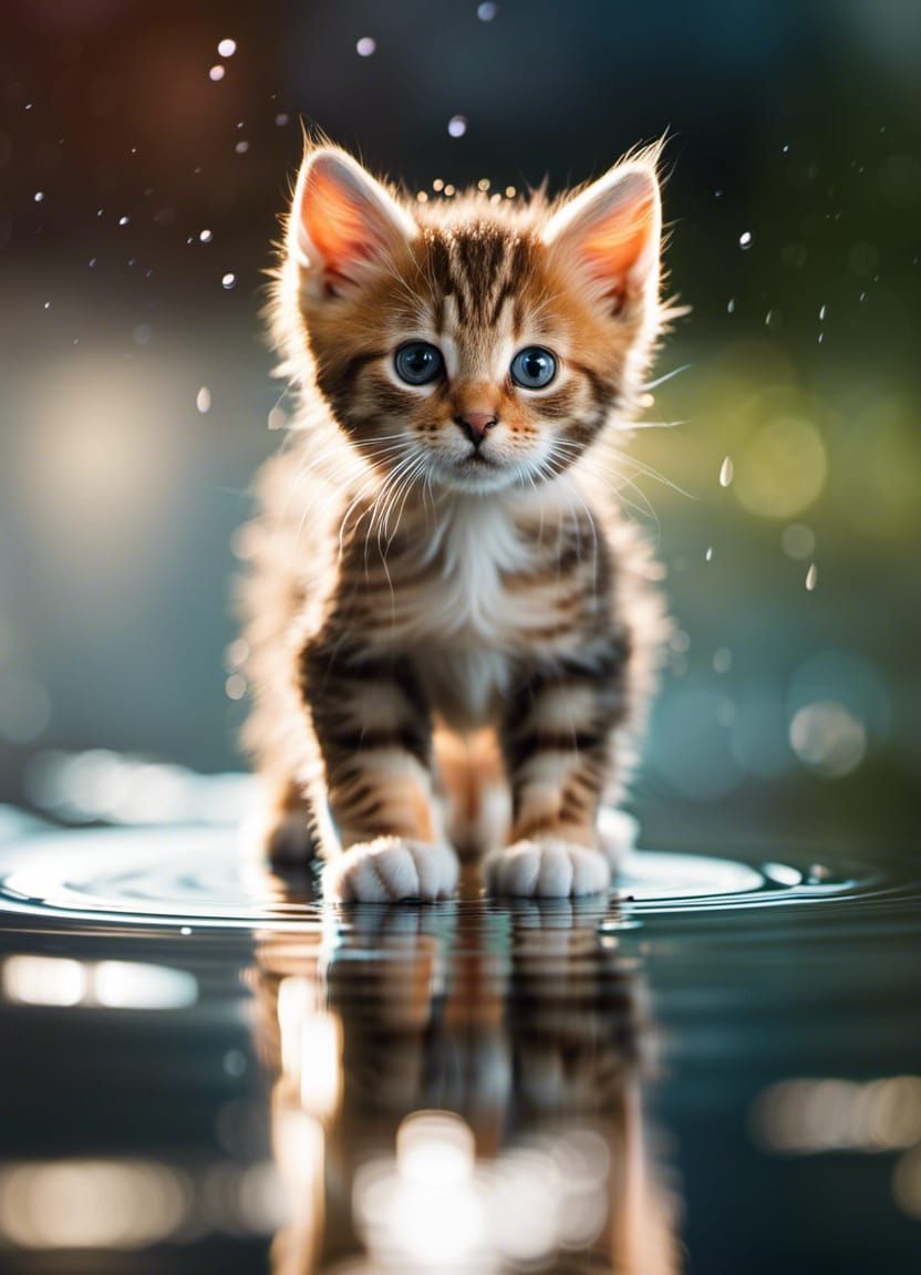 Kitten Balances on Rainy Reflection: Photorealistic Image