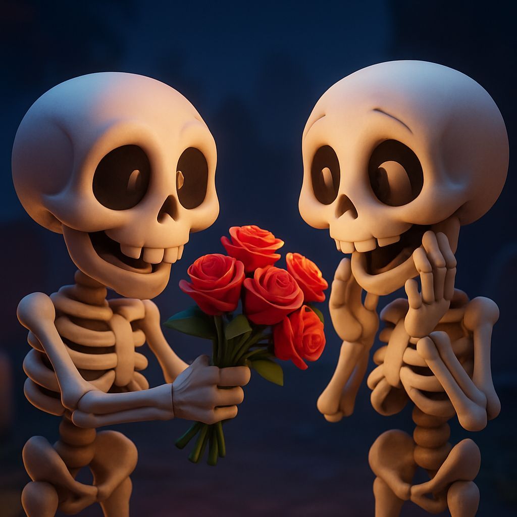 Cute Skeletons Exchange Spooky Rose Bouquet in 3D Cartoon St...