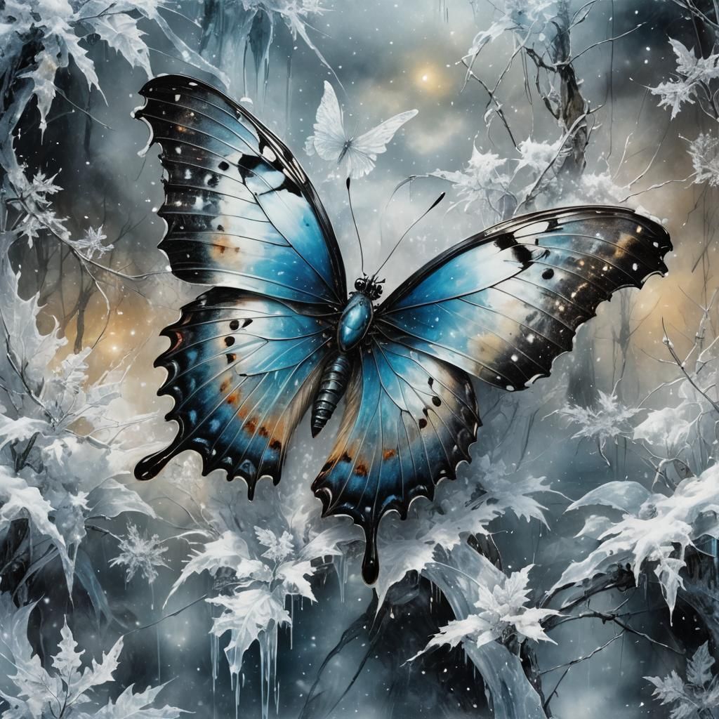 Ice Butterfly Illustration on School Paper, Detailed Mixed M...