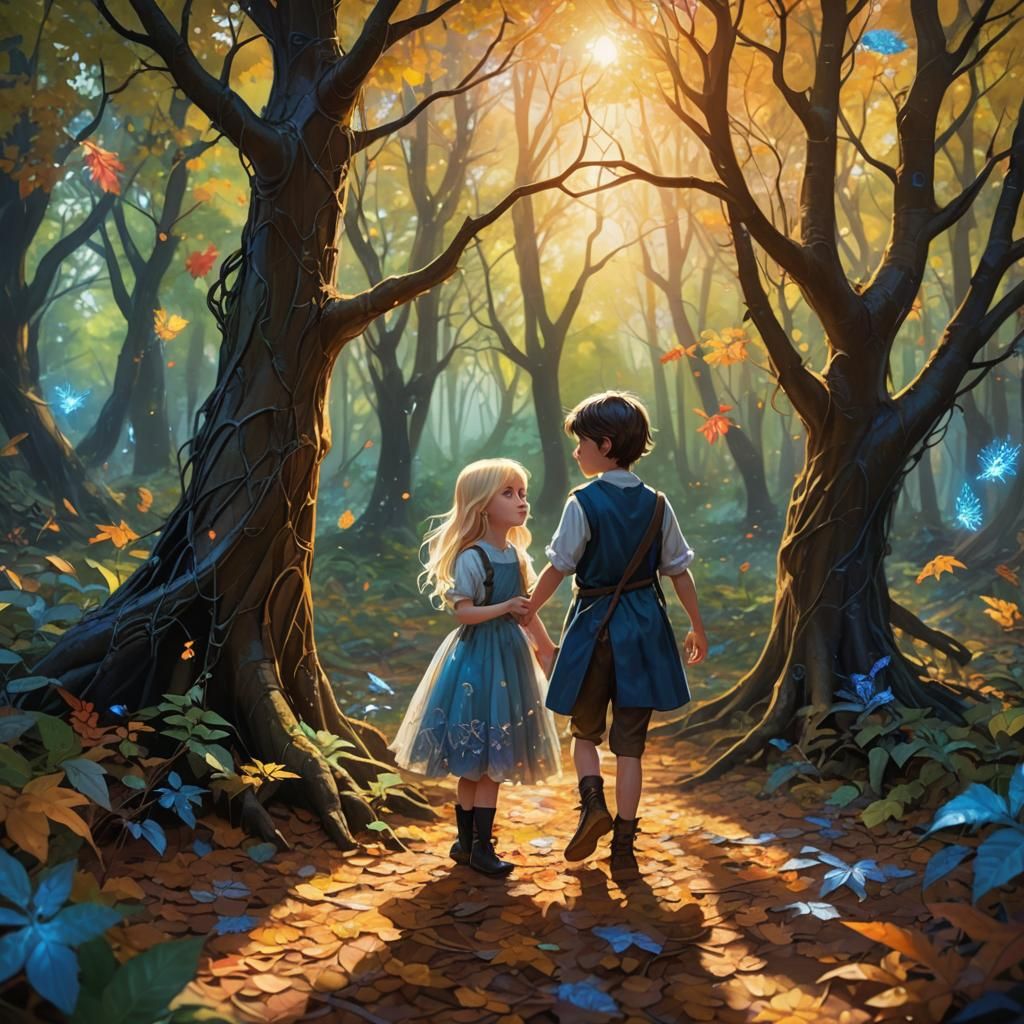 Children Play in Deciduous Forest: Fantasy Concept Art