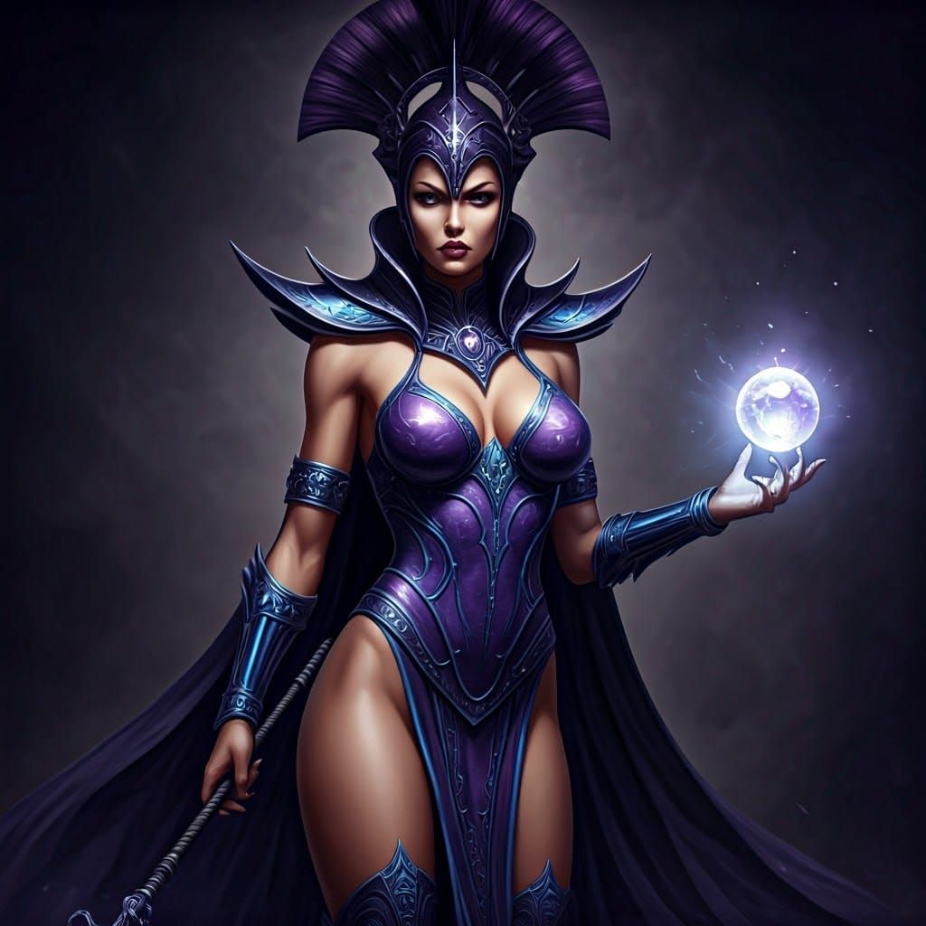 Intimidating Sorceress with Crystal Sphere in Dark Armor