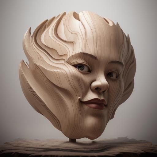 Surreal Wooden Face in Motion with Volumetric Lighting