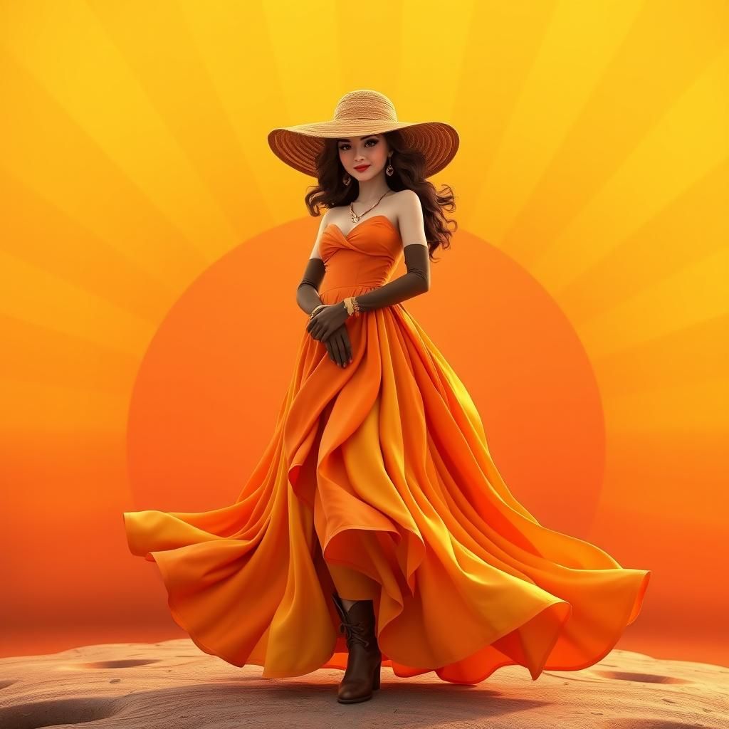 Whimsical Woman in Rivera-Inspired Gown with Warm Sunset Hue...