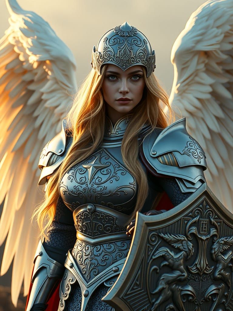 Ethereal Angel Knight in Ornate Silver Armor