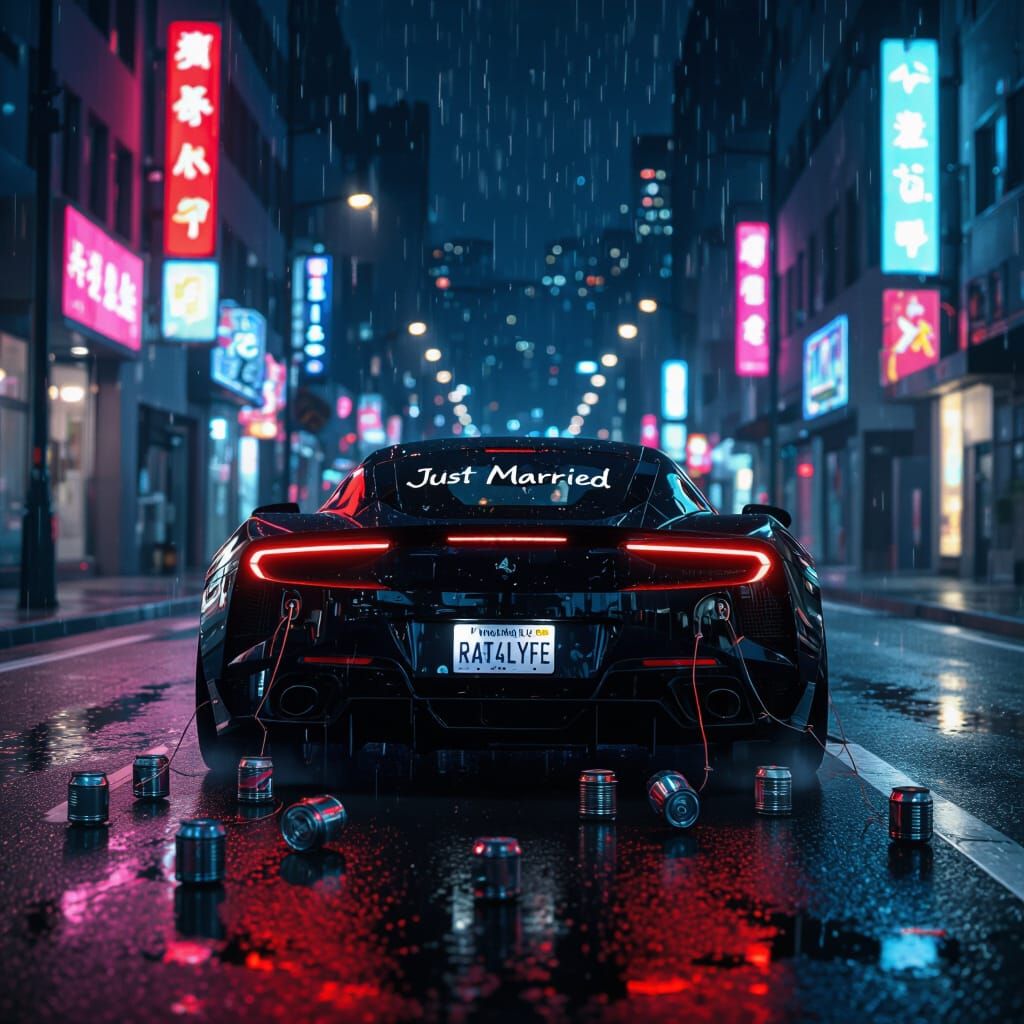 Sleek Car Drags Cans Through Neon City, Anime Style
