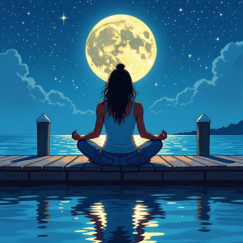Meditating Woman on Pier in Comic Book Style