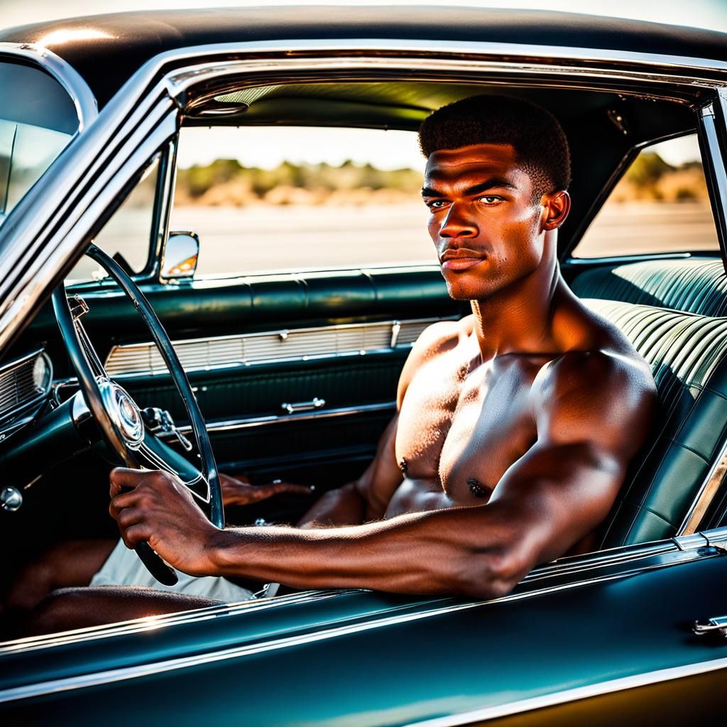 Vintage Chevy Nova with Shirtless Driver