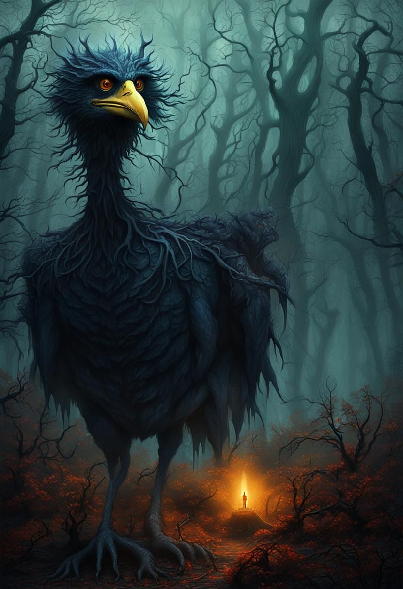 Eerie Big Bird in Dark Gothic Forest
