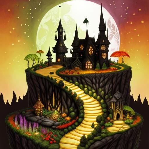 Botanical Garden Fantasy World in Black Ink and Color