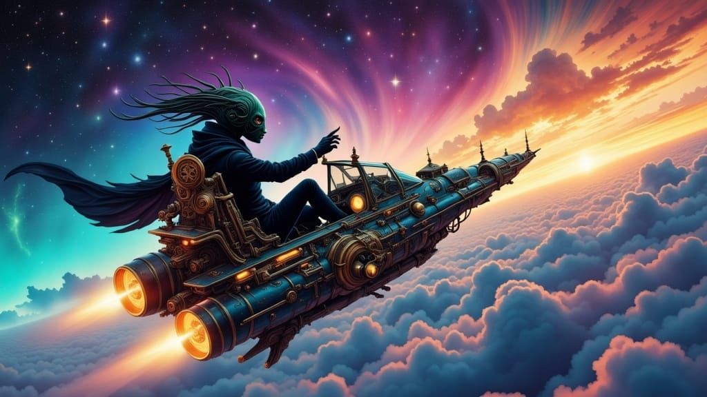 Alien Pilot in Steampunk Spaceship, Rainbow Sky