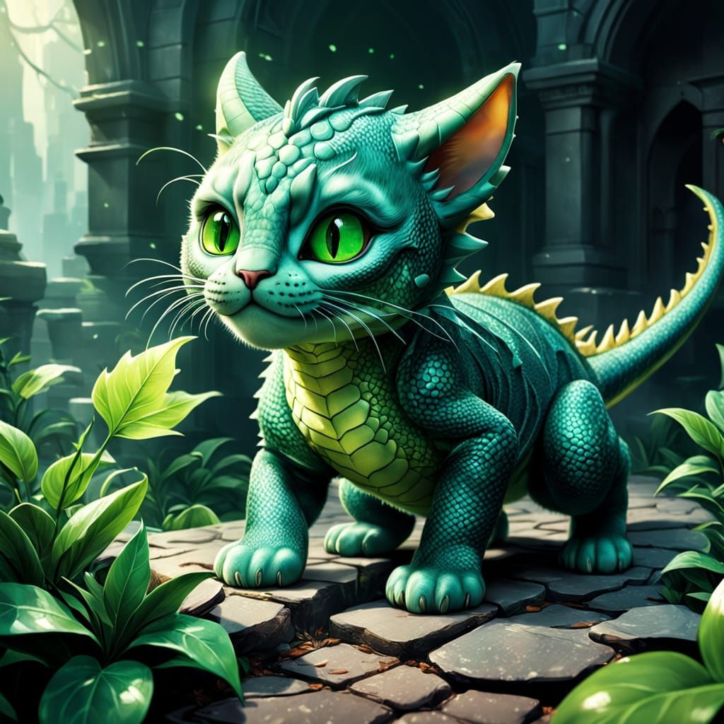 Cute Baby Cat Plays with a Green Dragon in Epic Comic Book A...