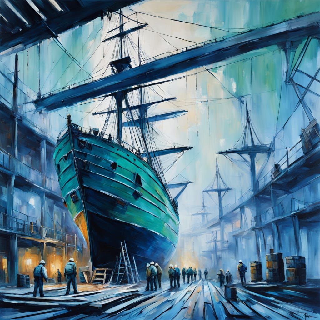 19th Century Clipper Ship Construction: Oil Painting