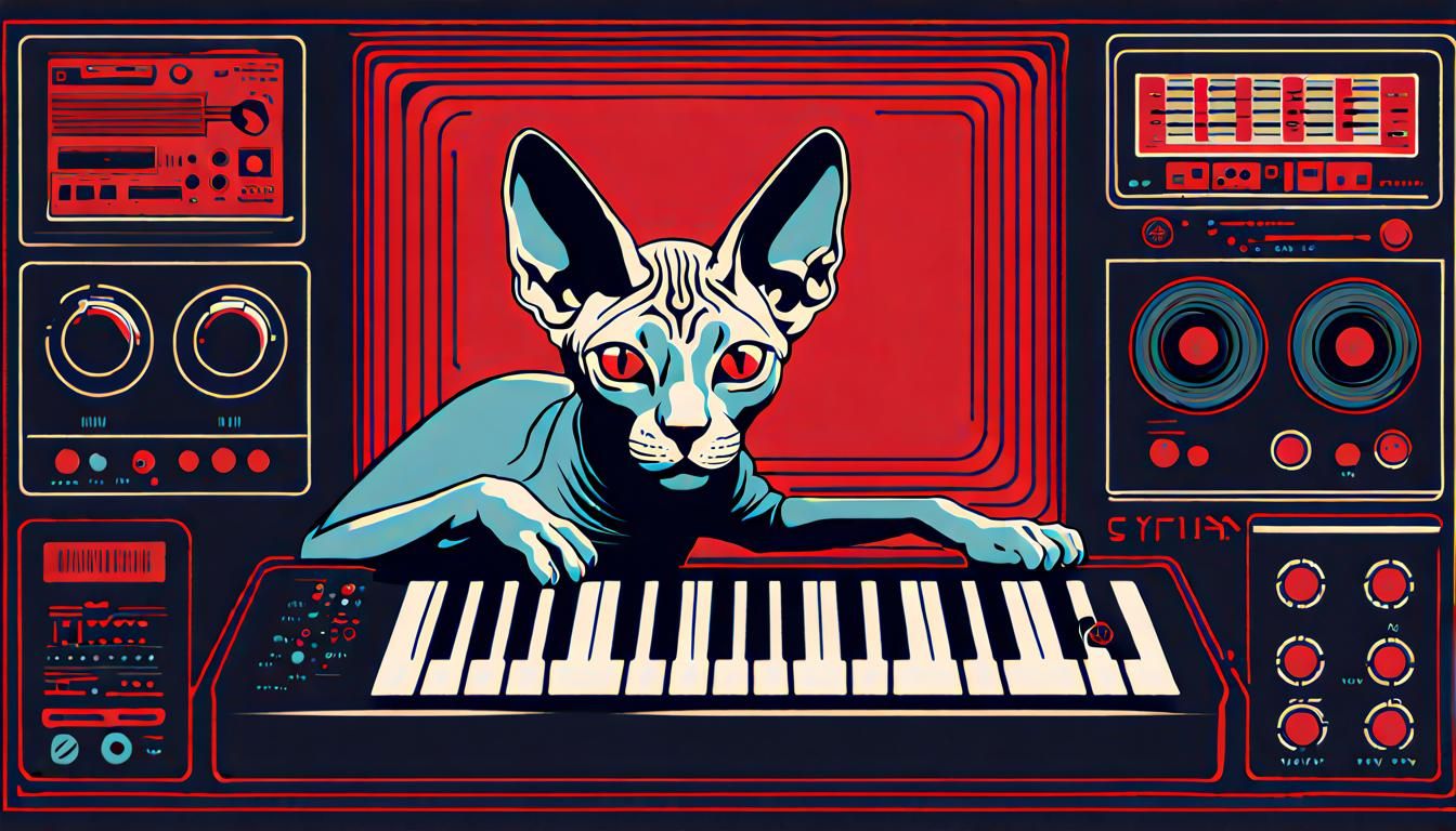 Sphynx Cat Plays Synth in Soviet Retro Poster