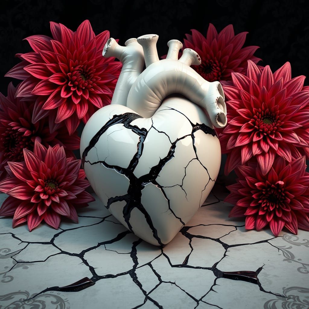 White Porcelain Heart Cracks Amidst Black Dahlias