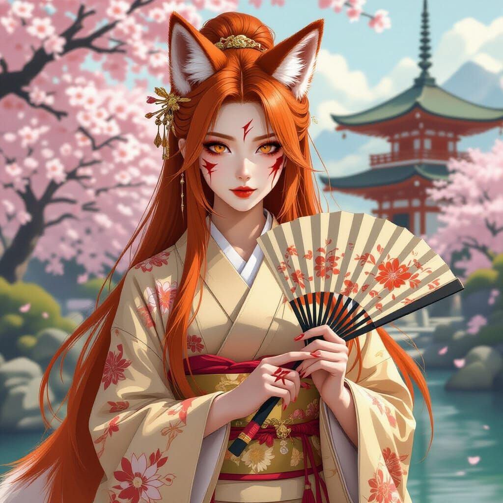Ginger Kitsune Lady in Ukiyo-e Style with Bloody Fan