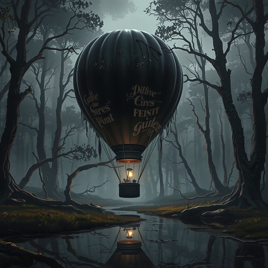 Tattered Balloon in Haunted Forest, Gothic Fantasy Art