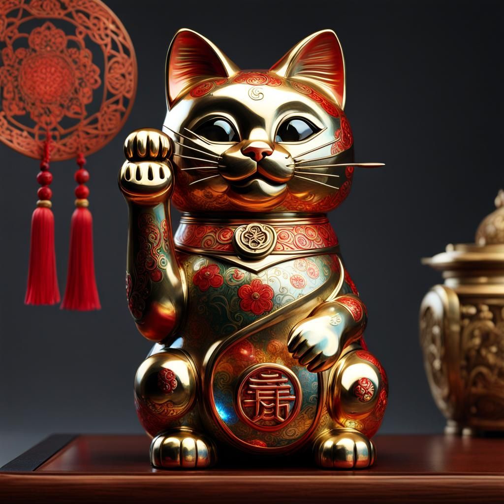 Maneki Neko Lucky Cat Portrait in Aquarel Style