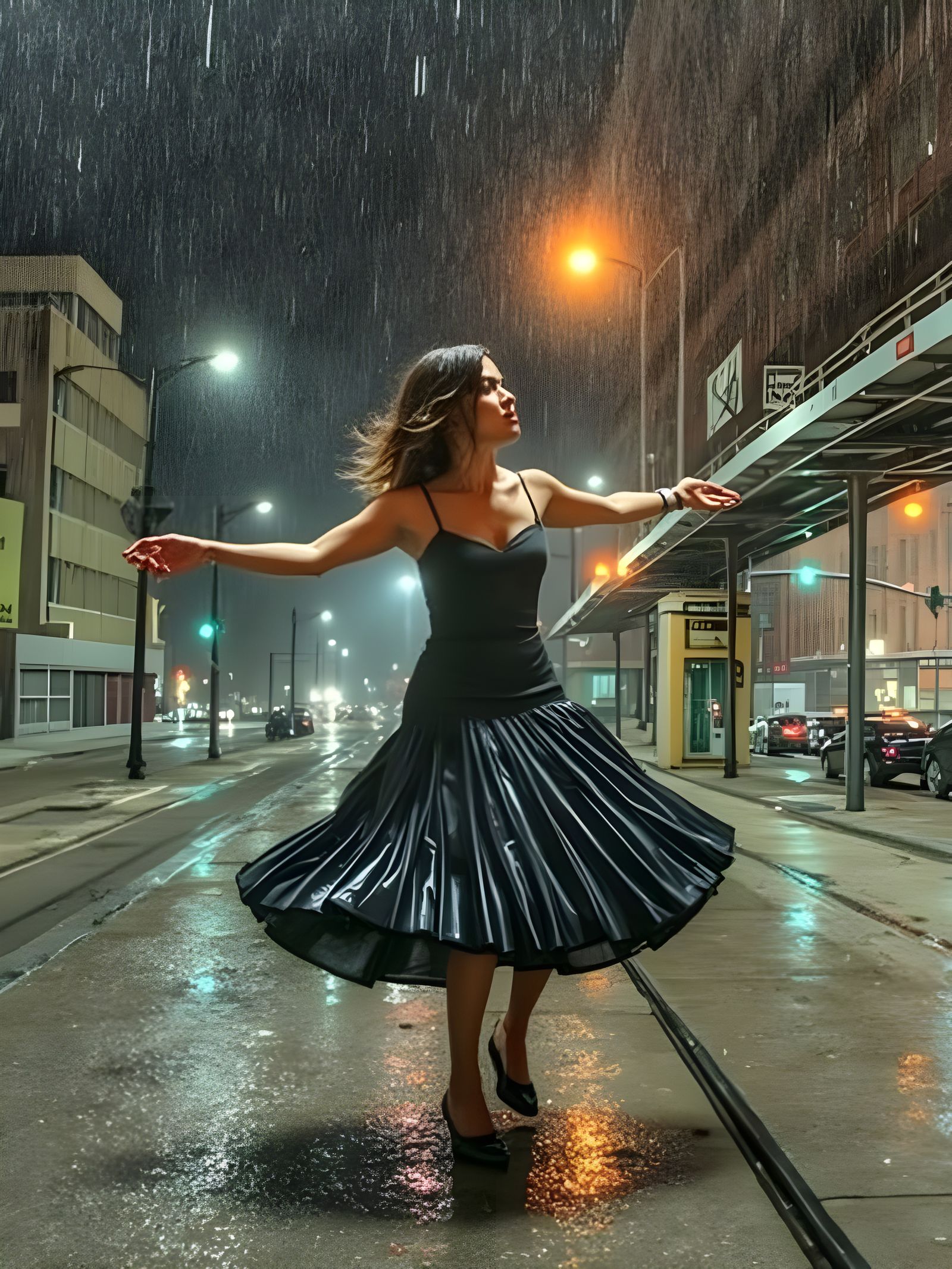 Woman Dancing in Rain: Neo-Impressionistic Cinematic Still
